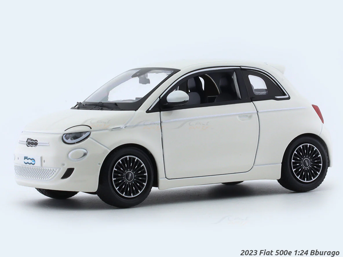 2023 Fiat 500e white 1:24 Bburago licensed diecast Scale Model car 14+Year front view, 2023 Fiat 500e white 1:24 Bburago licensed diecast Scale Model car 14+Year side profile, 2023 Fiat 500e white 1:24 Bburago licensed diecast Scale Model car 14+Year collectible display, 2023 Fiat 500e white 1:24 Bburago licensed diecast Scale Model car 14+Year detailed model