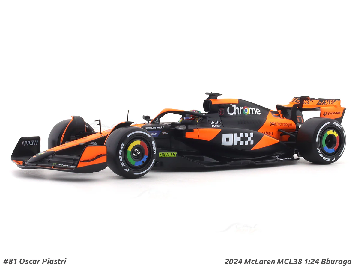2024 McLaren MCL38 No.81 Acrylic case 1:24 Bburago licensed diecast Scale Model car collectible display model, 2024 McLaren MCL38 No.81 Acrylic case 1:24 Bburago licensed diecast Scale Model car collectible front view, 2024 McLaren MCL38 No.81 Acrylic case 1:24 Bburago licensed diecast Scale Model car collectible race detailing