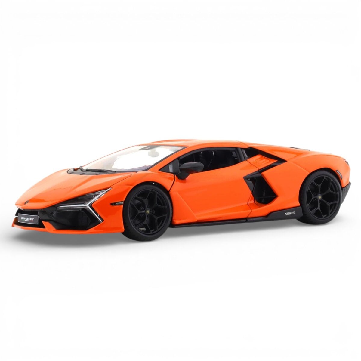 Bburago 1:24 Scale Lamborghini Revuelto Diecast Model Car front view, Bburago 1:24 Scale Lamborghini Revuelto Diecast Model Car side profile, Bburago 1:24 Scale Lamborghini Revuelto Diecast Model Car interior detail, Bburago 1:24 Scale Lamborghini Revuelto Diecast Model Car display model