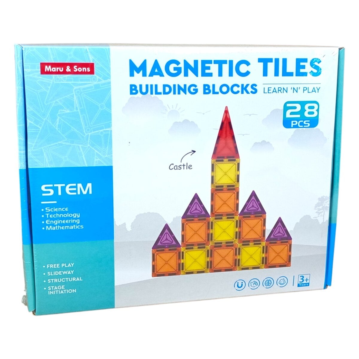 Maru and Sons 28pcs Magnetic Tiles Building Blocks | Fun Creative STEM Construction Toy for Kids | Early Learning Magnetic Building Set for 3+ Years