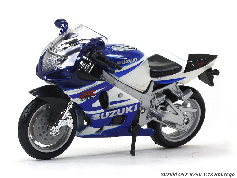 Suzuki GSX R750 1:18 Bburago diecast scale model bike collectible - licensed front view, Suzuki GSX R750 1:18 Bburago diecast scale model bike collectible - licensed side angle, Suzuki GSX R750 1:18 Bburago diecast scale model bike collectible - licensed display model, Suzuki GSX R750 1:18 Bburago diecast scale model bike collectible - licensed detailed design