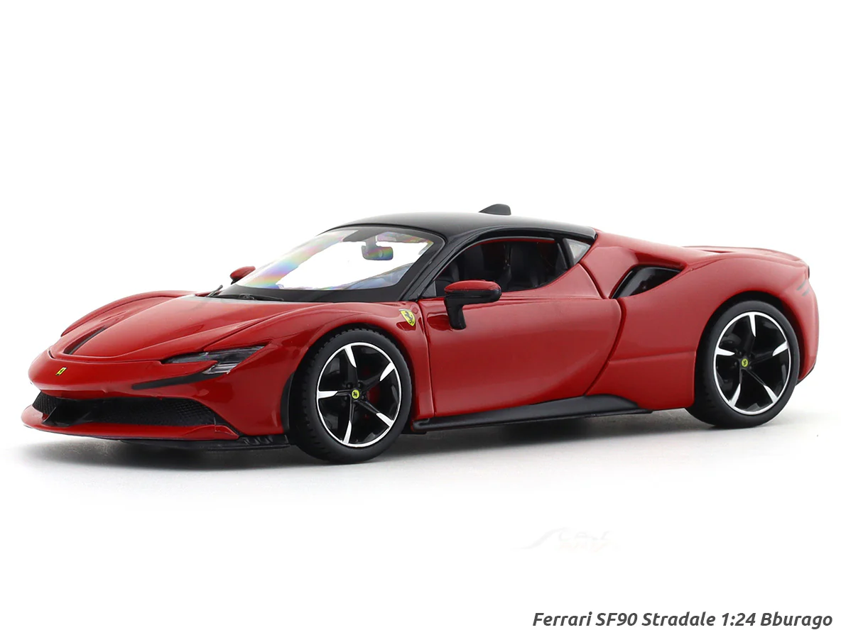 Ferrari SF90 Stradale with Acrylic case 1:24 Bburago licensed diecast Scale Model car collectible display model, Ferrari SF90 Stradale with Acrylic case 1:24 Bburago licensed diecast Scale Model car collectible front view, Ferrari SF90 Stradale with Acrylic case 1:24 Bburago licensed diecast Scale Model car collectible in acrylic box