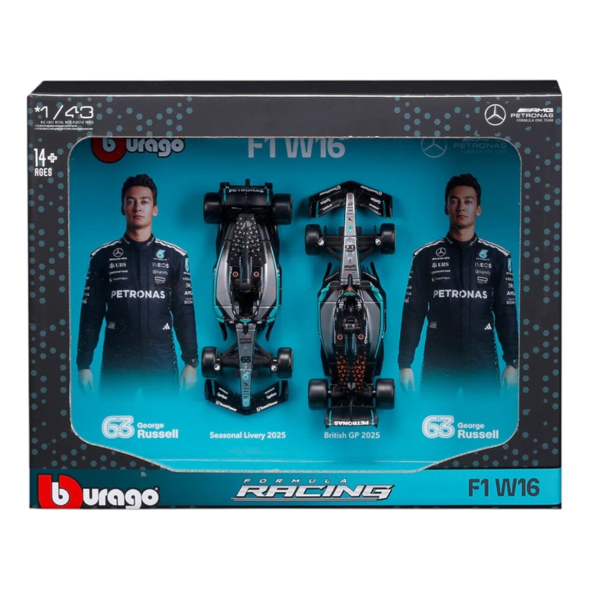 Bburago 1:43 Scale Diecast Model 2025 Mercedes W16 Twin Pack George Russell, Bburago Mercedes W16 George Russell F1 diecast model, Bburago 1:43 Mercedes Formula 1 twin pack collectible