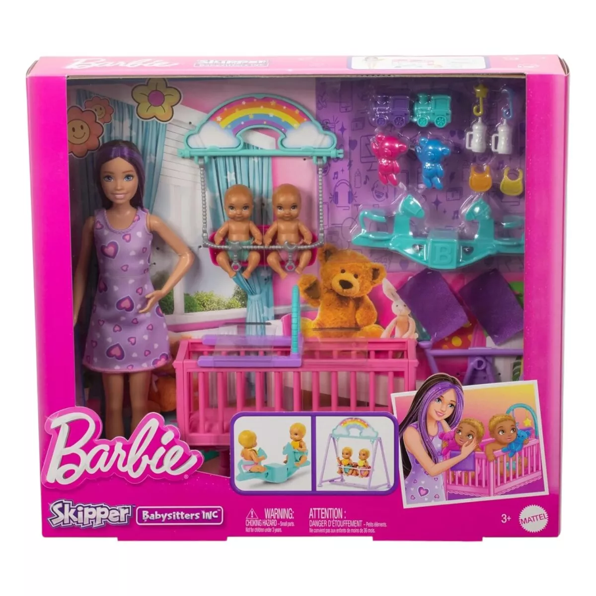Mattel Barbie Skipper Doll and Nursery Playset with Accessories | Includes Twin Baby Dolls, Crib, Swing, See-Saw For Kids | 3+ Years.