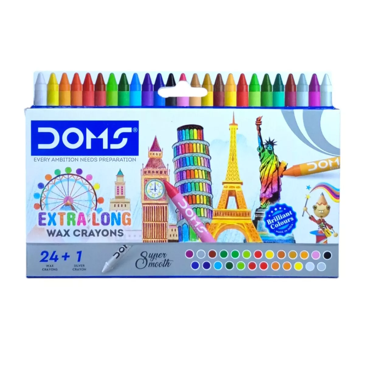 DOMS 24 Shades + 1 Silver Extra Long Wax Crayon Super Smooth | Smooth Color Application For Blending and Experimenting Different Art Strokes. (Copy)
