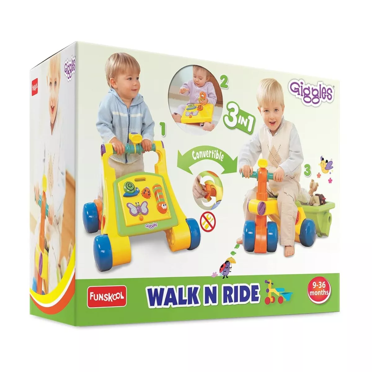 Funskool Giggles 3 in 1 Convertible Walk N Ride Activity Toy | Walker and Trike, Detachable Pull-Along Trailer For Kids | 9+ Months.
