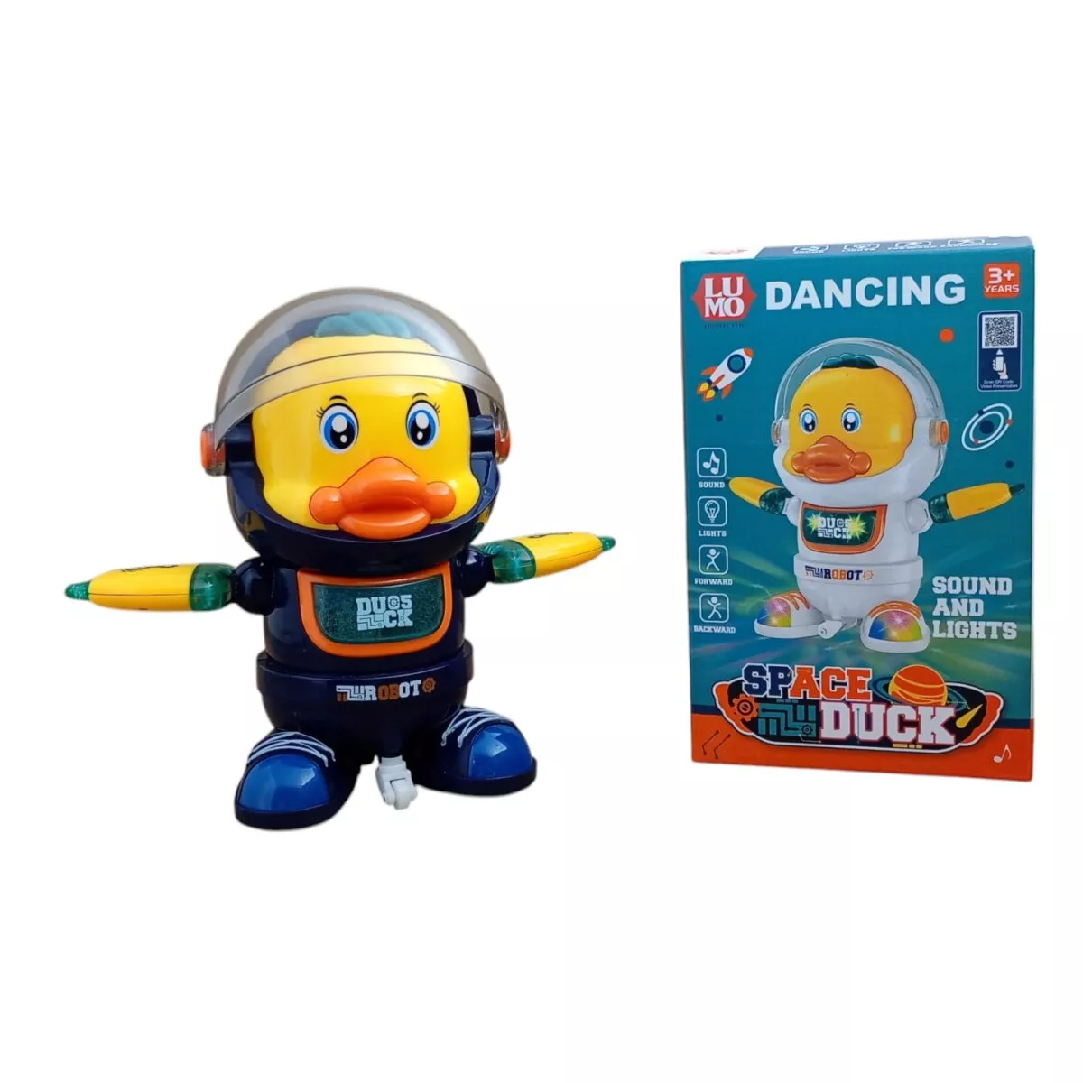 Lumo Sound and Lights Dancing Robot Space Duck Toy For Kids front view, Lumo Sound and Lights Dancing Robot Space Duck Toy For Kids dancing pose, Lumo Sound and Lights Dancing Robot Space Duck Toy For Kids LED lights, Lumo Sound and Lights Dancing Robot Space Duck Toy For Kids motion display