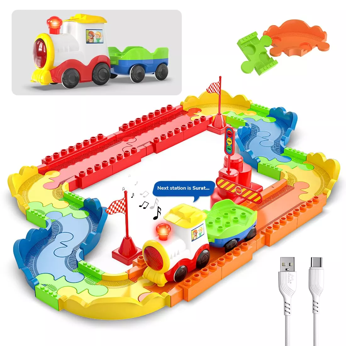 Mirana Block Rider 47 Pcs Toy Train Set with Colorful and Multiple Track Layout | USB Rechargeable Type-C Engine, Various Sound Modes For Kids | 12+ Months.