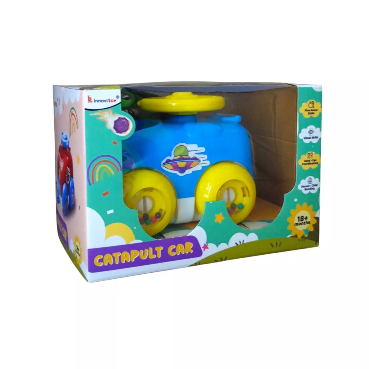 Innovitoy Catapult Car Toys for Kids | Push Friction Baby Car with Rattle Sound Wheels and Press Button | 18+ Months