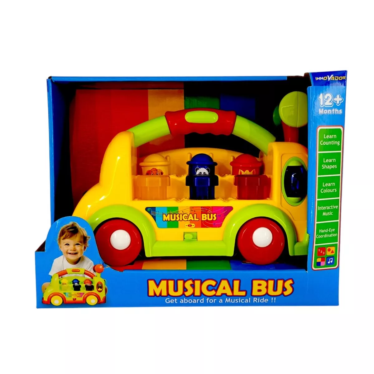 Educational Musical Bus Toy for Kids front view, Educational Musical Bus Toy for Kids side view, Educational Musical Bus Toy for Kids lights and sounds, Educational Musical Bus Toy for Kids activity buttons, Educational Musical Bus Toy for Kids toddler play, Educational Musical Bus Toy for Kids interactive features
