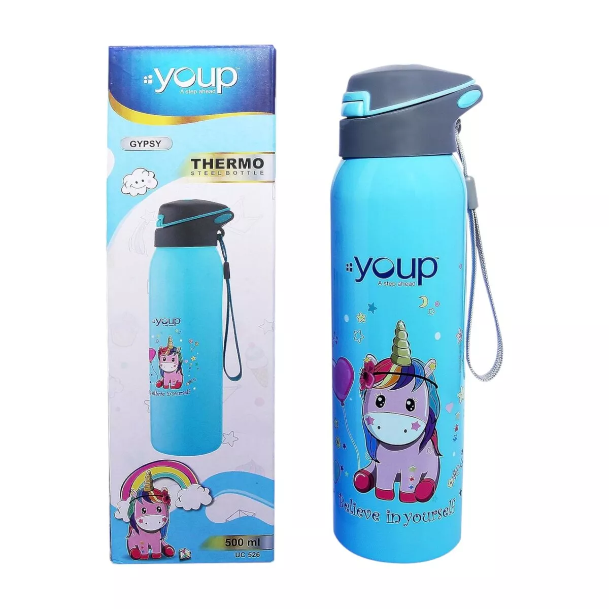 Youp Cute Unicorn Theme Stainless Steel Sipper Water Bottle | BPA Free 500ml Bottle For Kids | 3+Years
