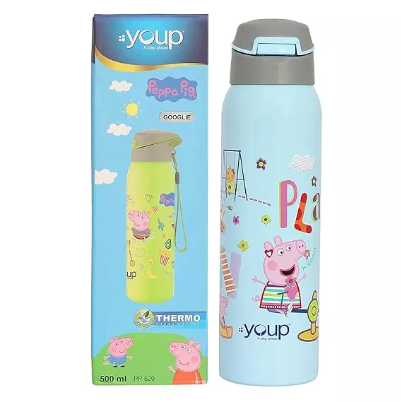 Youp Stainless Steel Googlie Peppa Pig Theme Kids | Insulated Double Wall Sipper Bottle For Kids | 3+Years