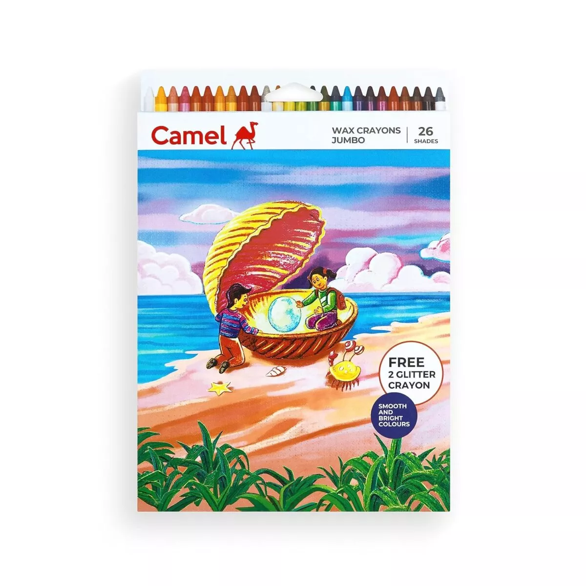 Camel Wax Crayons Jumbo 26 Multicolor Shades | Smooth And Colors Free 2 Glitter Crayon For Kids | 3+Years