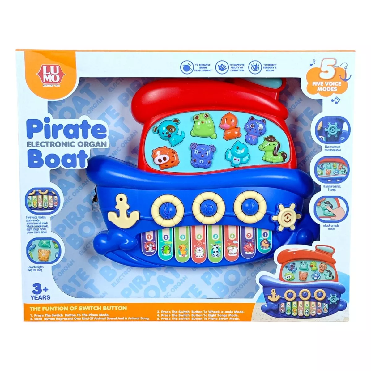 Luminoso Electronic Organ Boat Piano with 5 Voice Modes, Looping Lights, and Animal Sounds | Fun, Musical, and Interactive Toy for Kids | 3+ Years