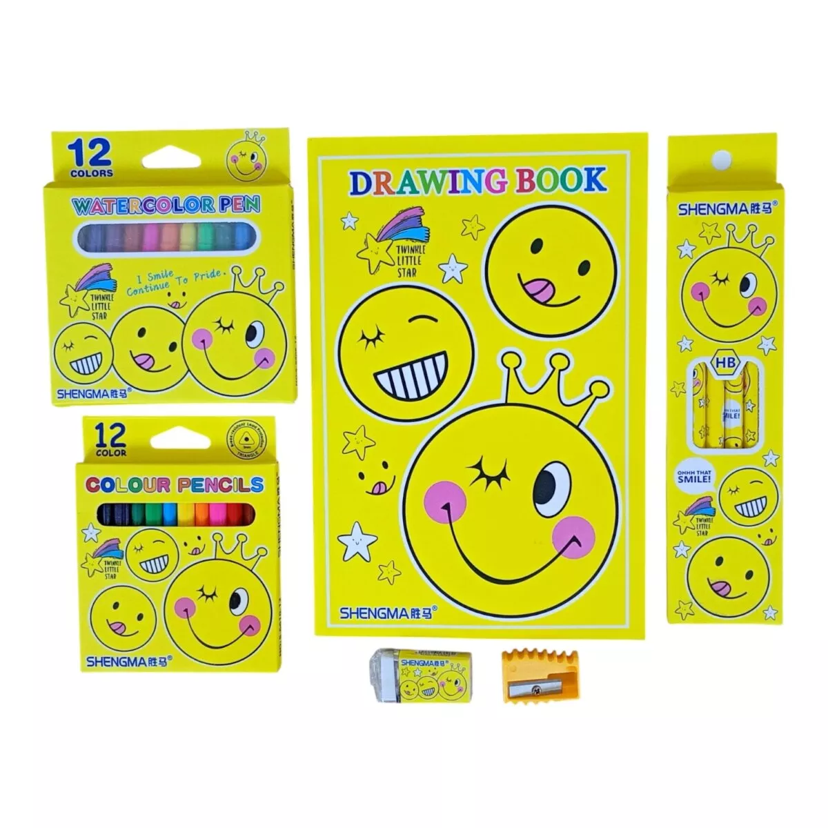 Shengma Smiley Theme Stationery Kit | Color Pencils, Sketch Pens, Pencils, Eraser and Sharpener | Fun Creative Set for Kids | 5+ Years